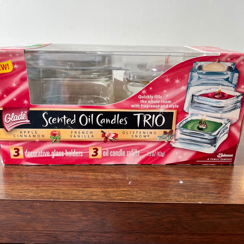 Glade Scented Oil Candles Trio 3 Glass Holders 3 Refills Apple Vanilla Snow NEW‎